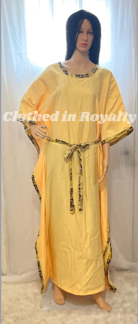 Yellow dress decorated with kente fabric Free size